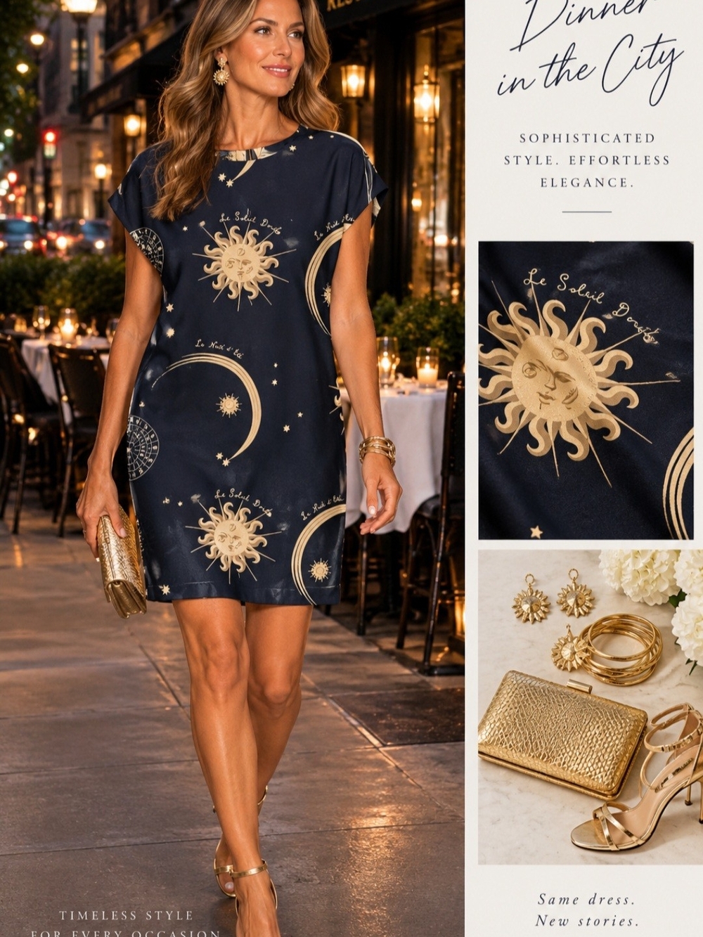 Jones New York Black Silk Shift Dress with Gold Celestial Print